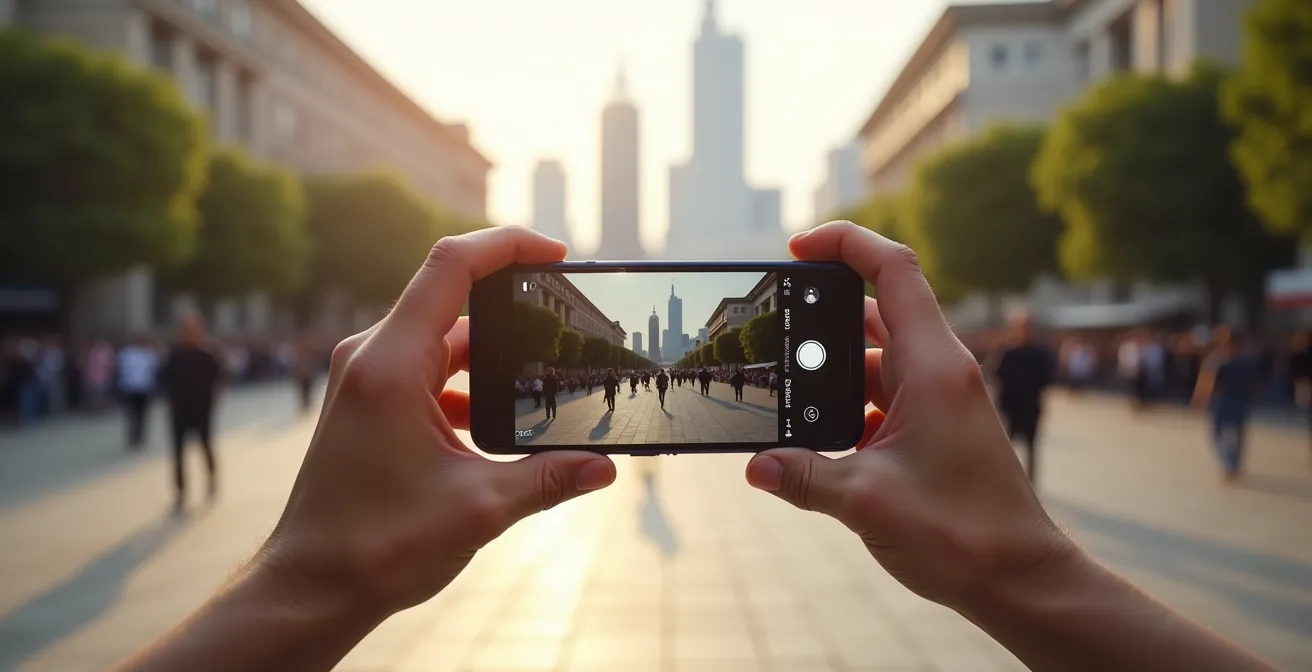 Persona sosteniendo un teléfono móvil en posición horizontal filmando una escena de protesta desde la distancia
