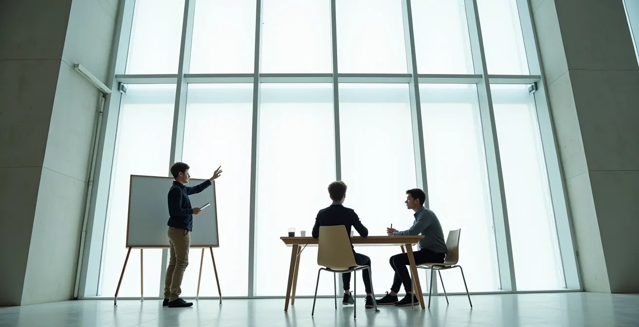 Jóvenes practicando su presentación en una sala de reuniones con expresiones de concentración