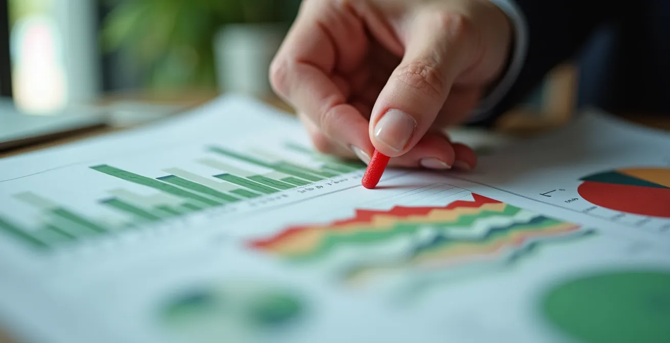 Manos examinando documentos financieros con gráficos de sostenibilidad