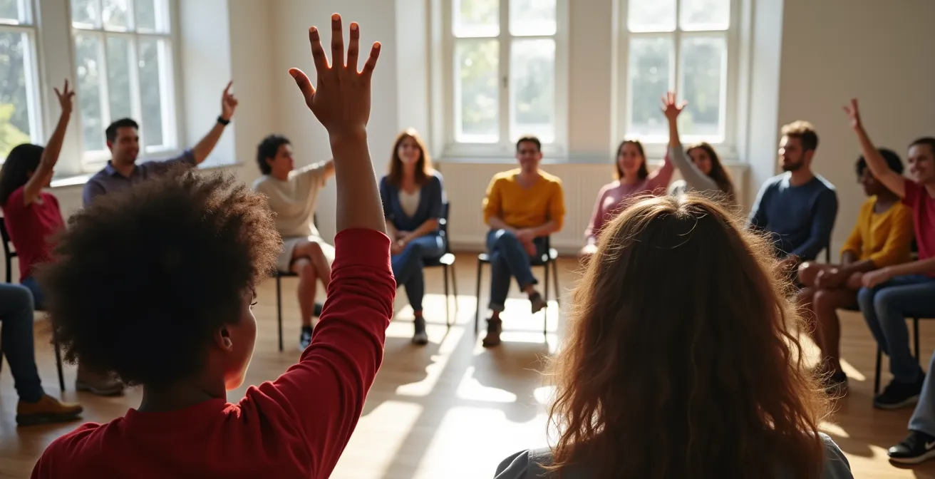 Asamblea cooperativa con personas diversas votando a mano alzada en círculo