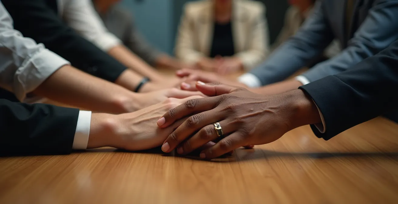 Vista macro de manos diversas unidas sobre mesa de madera con textura natural visible