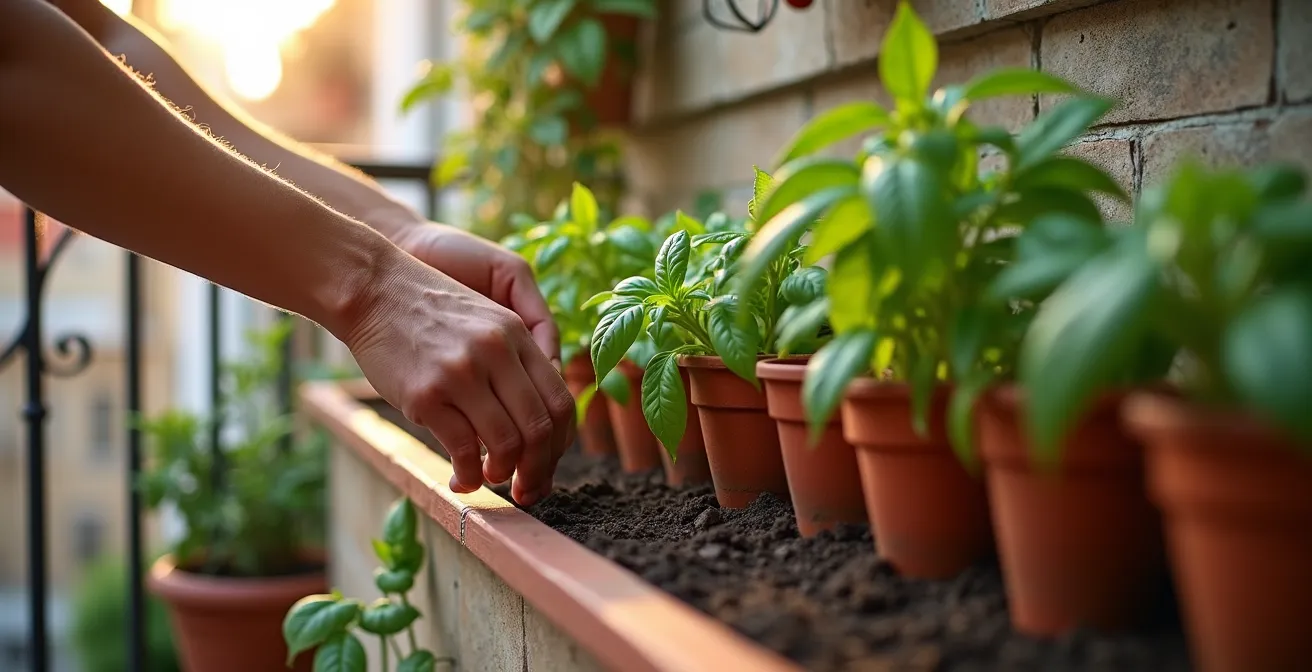 Diseño eficiente de huerto en balcón con sistema vertical de cultivo y macetas organizadas