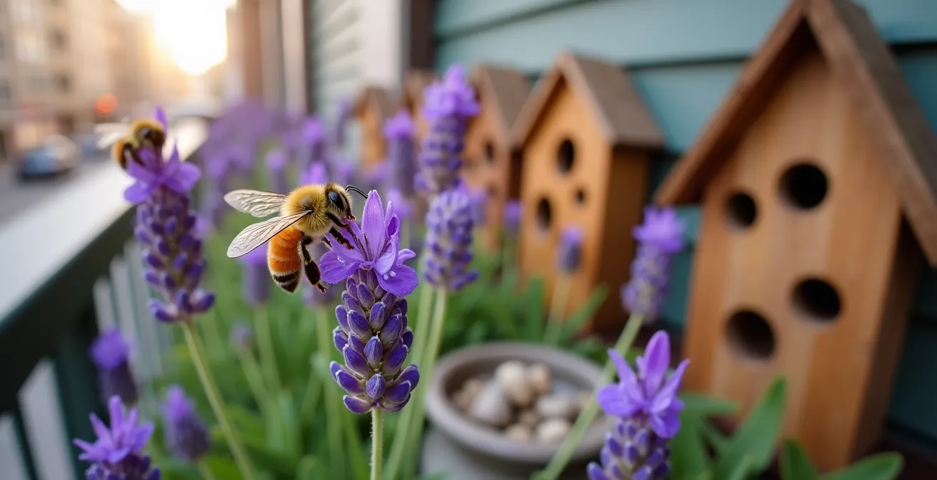 Balcón urbano transformado en refugio de polinizadores con plantas nativas y hotel de insectos