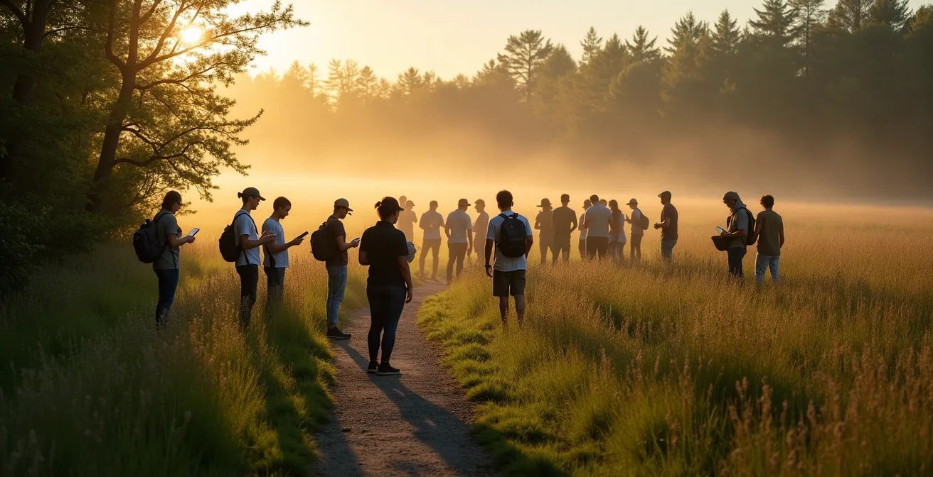 Grupo de ciudadanos documentando especies nativas con aplicaciones móviles en área natural