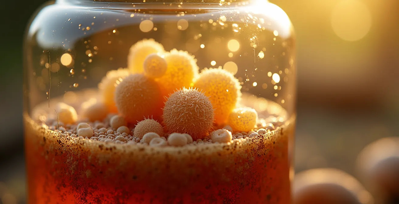 Vista macro de burbujas de fermentación en biofertilizante líquido casero con textura rica y orgánica