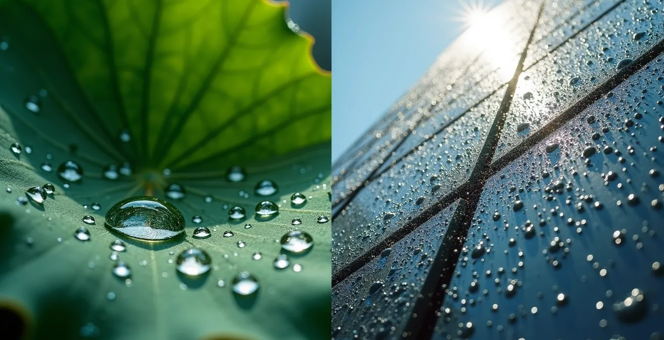 Detalle microscópico del efecto loto aplicado a superficie arquitectónica