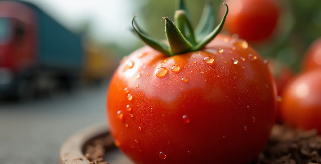 Vista aérea de la cadena de transporte de tomates desde el campo hasta el consumidor