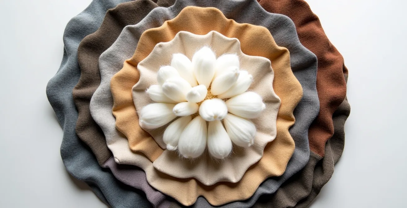 Vista cenital de muestras de tejidos y fibras organizadas en capas concéntricas representando los diferentes niveles de la cadena de suministro.