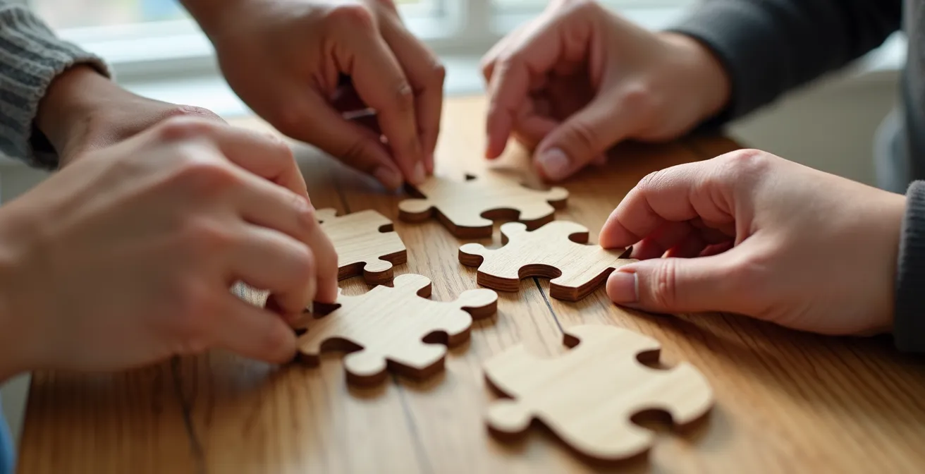 Manos diversas conectando piezas de un rompecabezas de madera sobre mesa de trabajo colaborativo