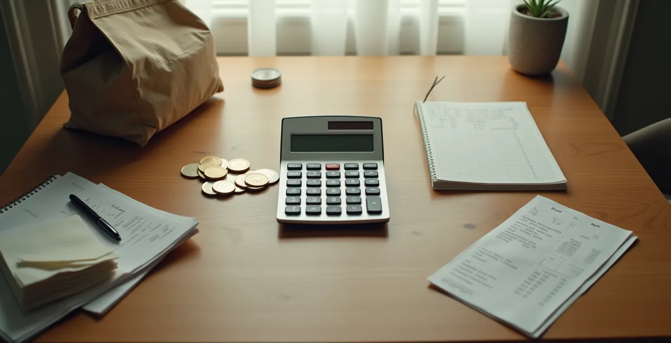 Vista cenital minimalista de calculadora y documentos financieros sobre mesa