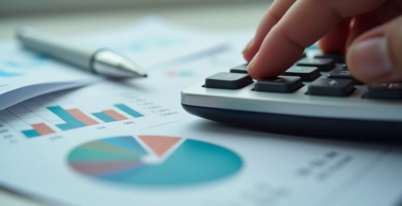 Detalle macro de calculadora y documentos financieros con luz natural