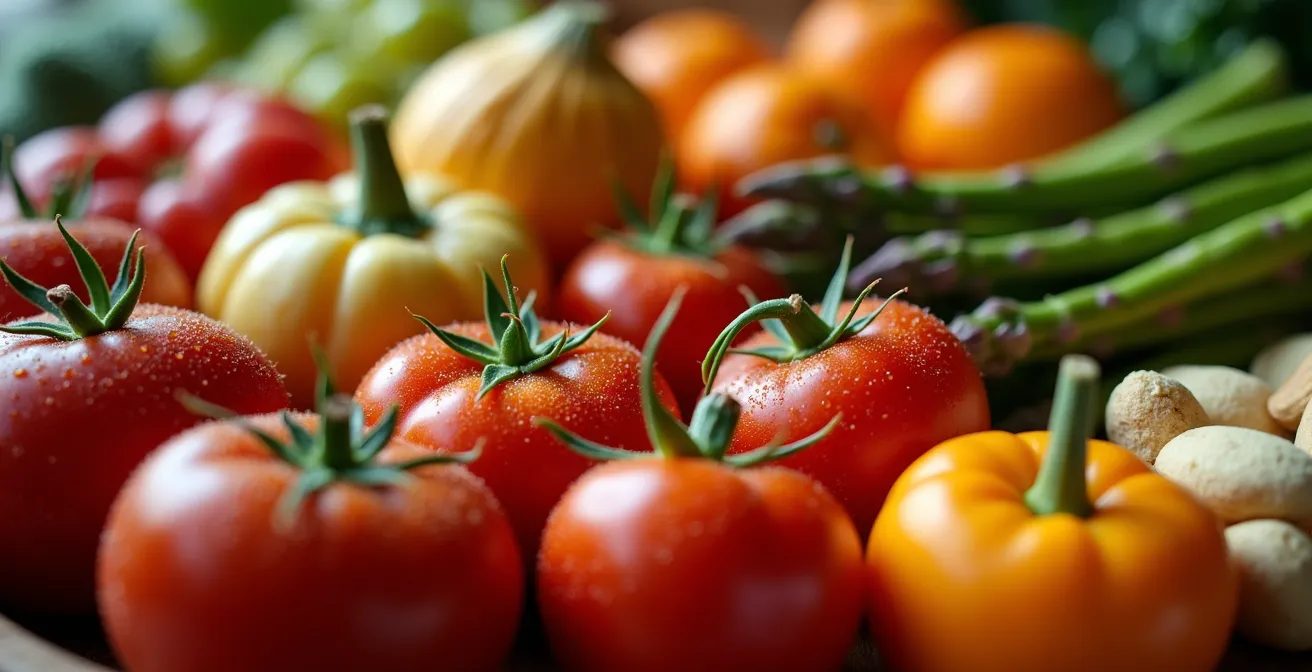 Mesa de cocina con productos de temporada como tomates, calabazas y espárragos, organizados en un círculo que representa las estaciones del año.