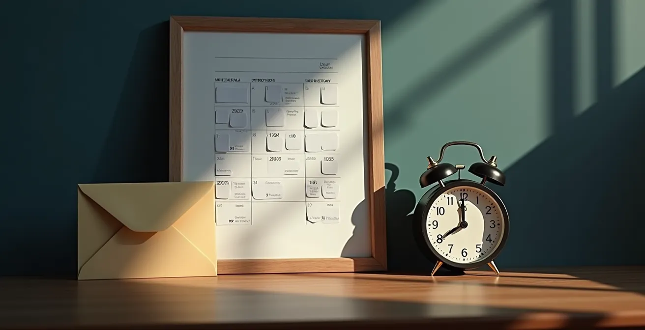 Calendario de pared con fechas circuladas y reloj mostrando el paso del tiempo administrativo