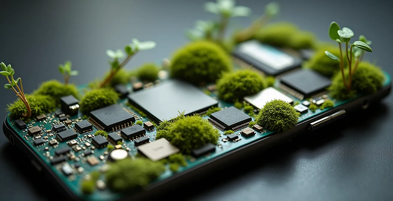 Teléfonos móviles de diferentes generaciones dispuestos en círculo con elementos naturales