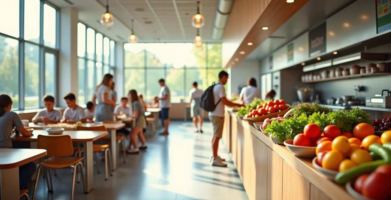 Comedor escolar con productos de comercio justo siendo servidos a estudiantes