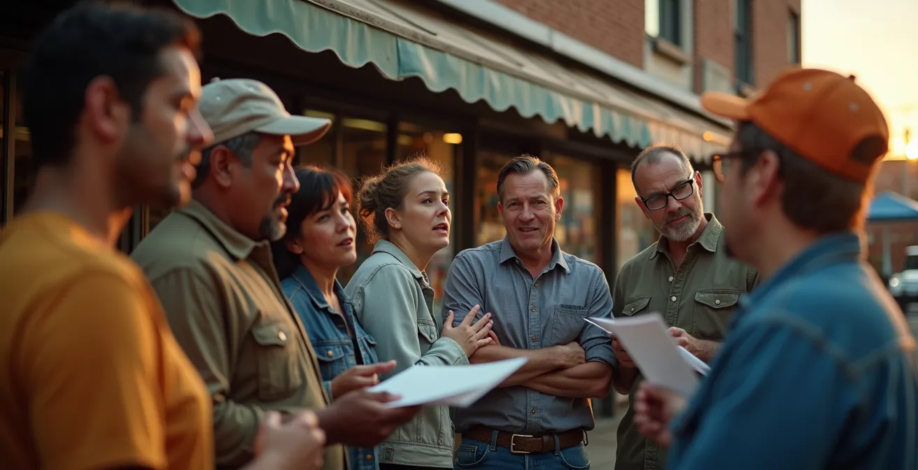 Vecinos reunidos frente a una ferretería tradicional de barrio en asamblea comunitaria