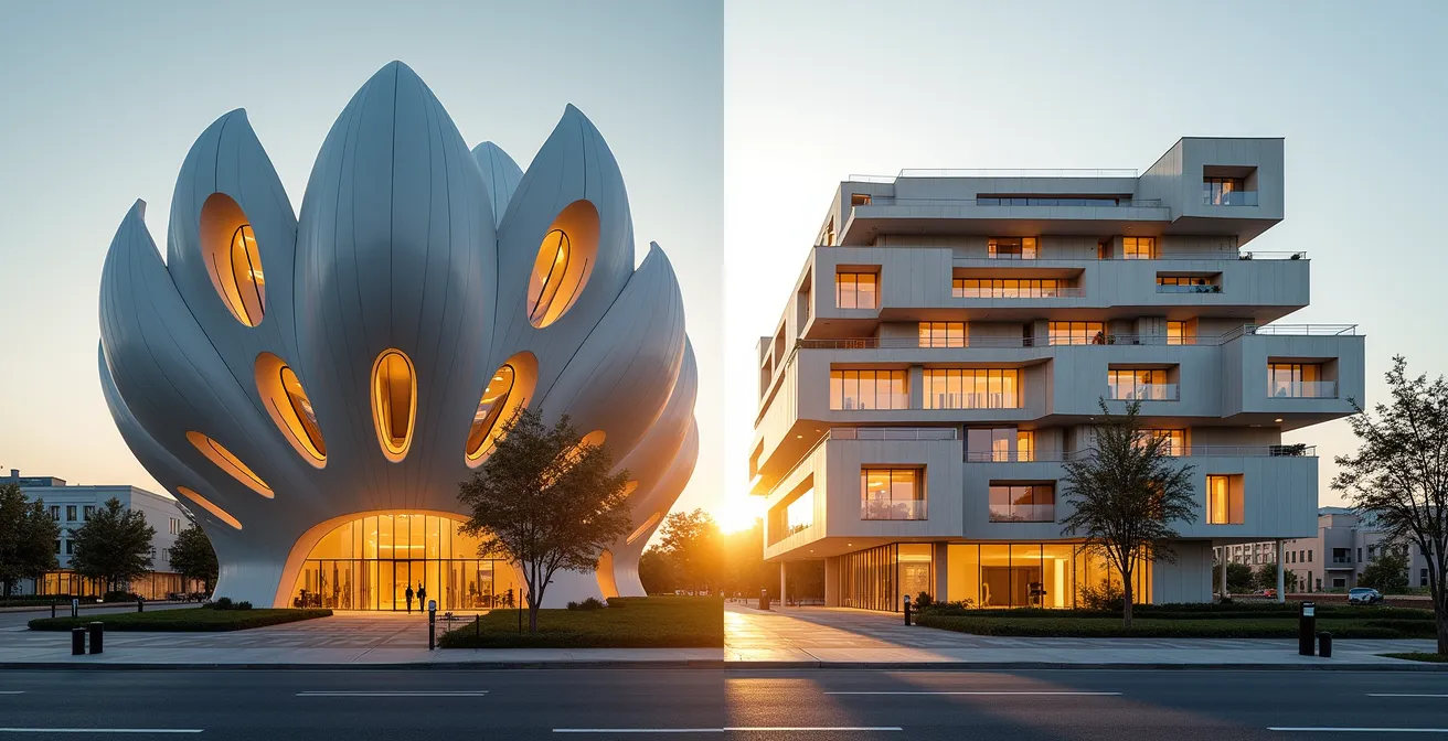 Comparación visual entre un edificio con forma de flor (biomorfismo) y un edificio geométrico con sistemas de ventilación inspirados en la naturaleza (biomímesis).