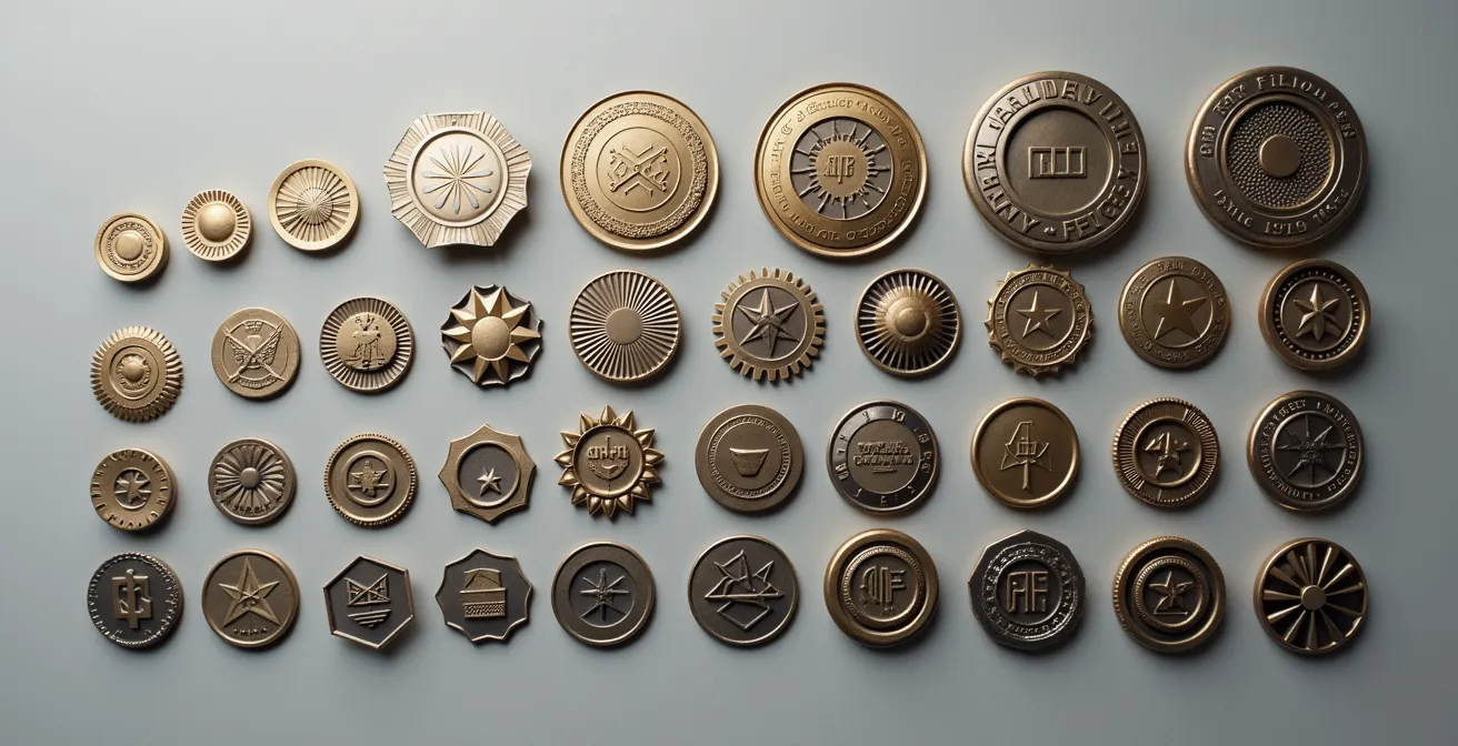 Composición mostrando diferentes tipos de sellos y certificaciones con variaciones en diseño y complejidad