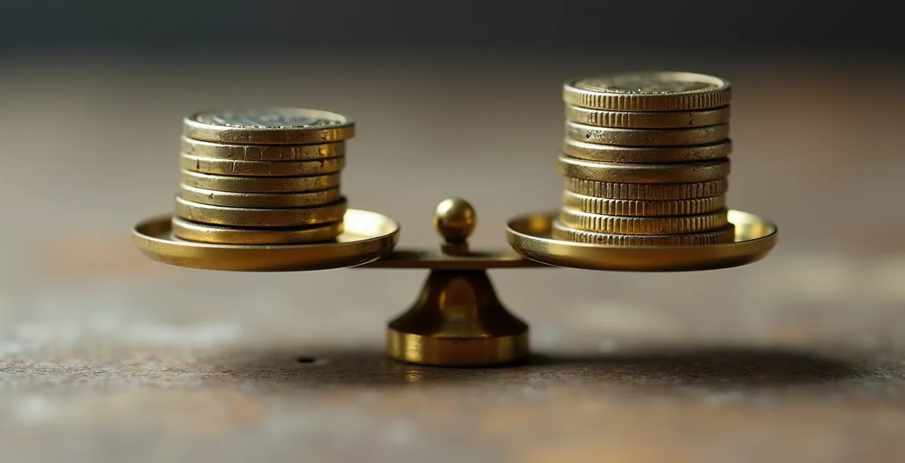 Macro de una balanza ligeramente inclinada con dos pilas de fichas metálicas idénticas, simbolizando sesgos en complementos salariales.