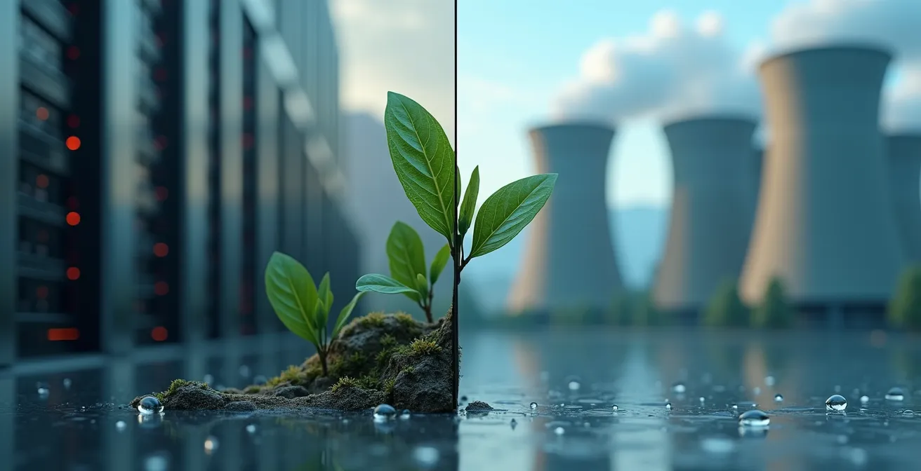 Comparación visual del impacto ambiental entre IA generativa y búsqueda tradicional