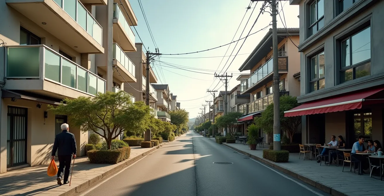 Contraste visual entre edificios renovados de lujo y viviendas tradicionales modestas en un barrio en transformación