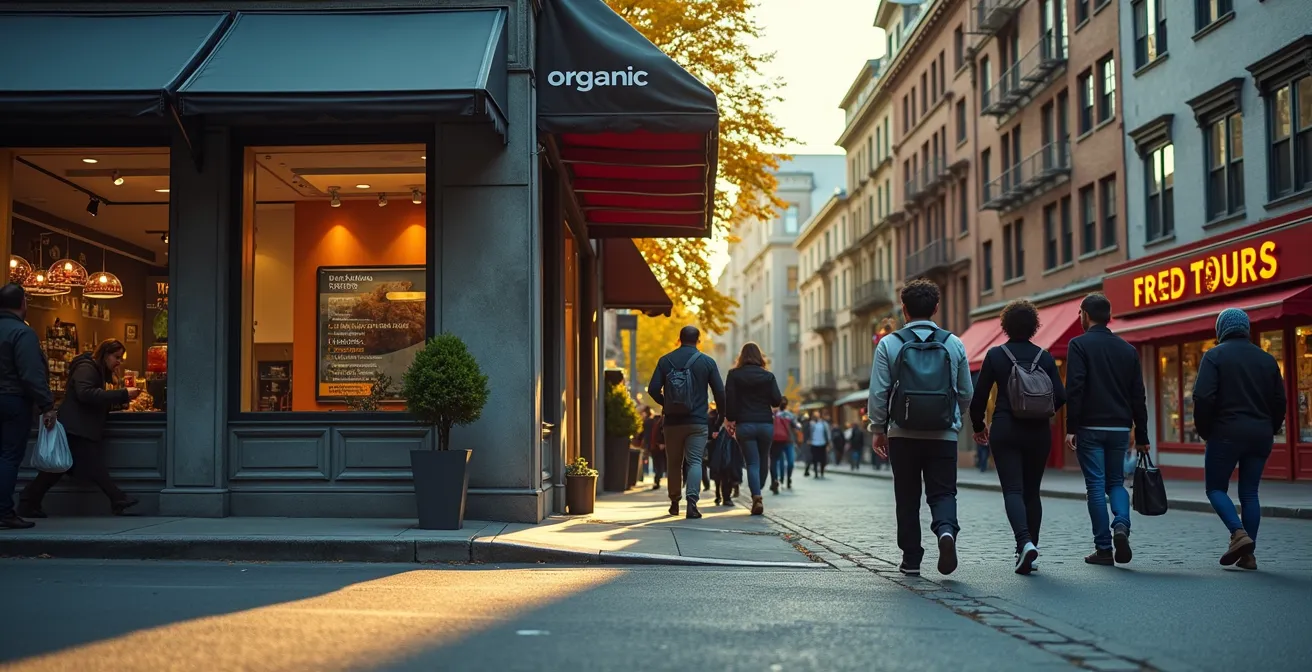Vista de calle mostrando el contraste entre una tienda bio moderna y locales de comida rápida tradicionales
