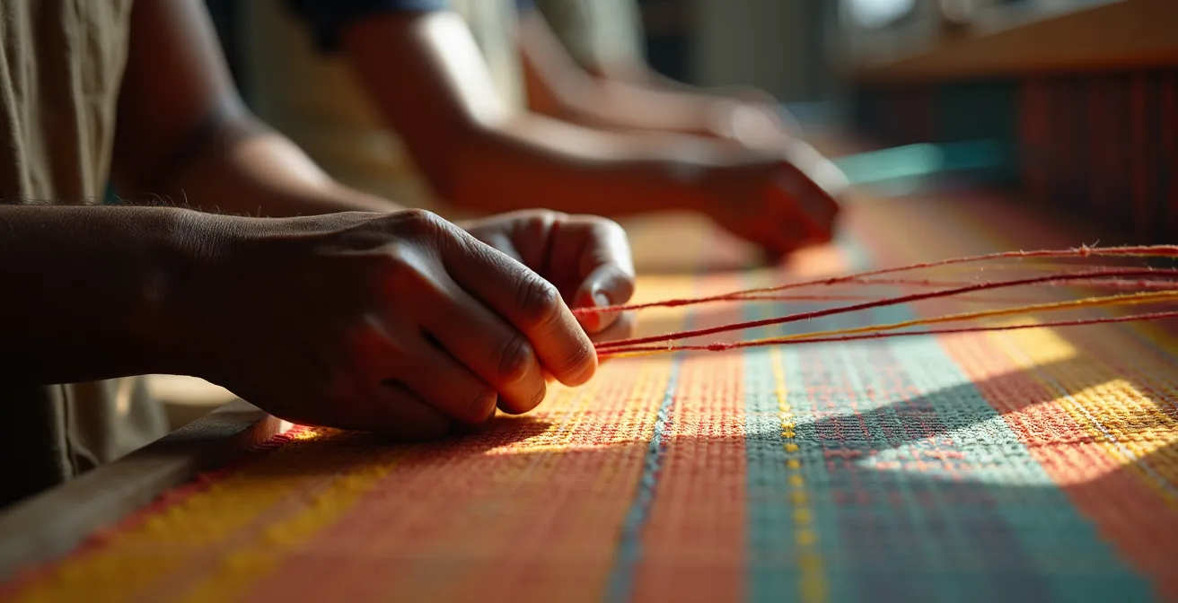 Cooperativa de mujeres trabajando con telares tradicionales y materiales locales en un taller luminoso