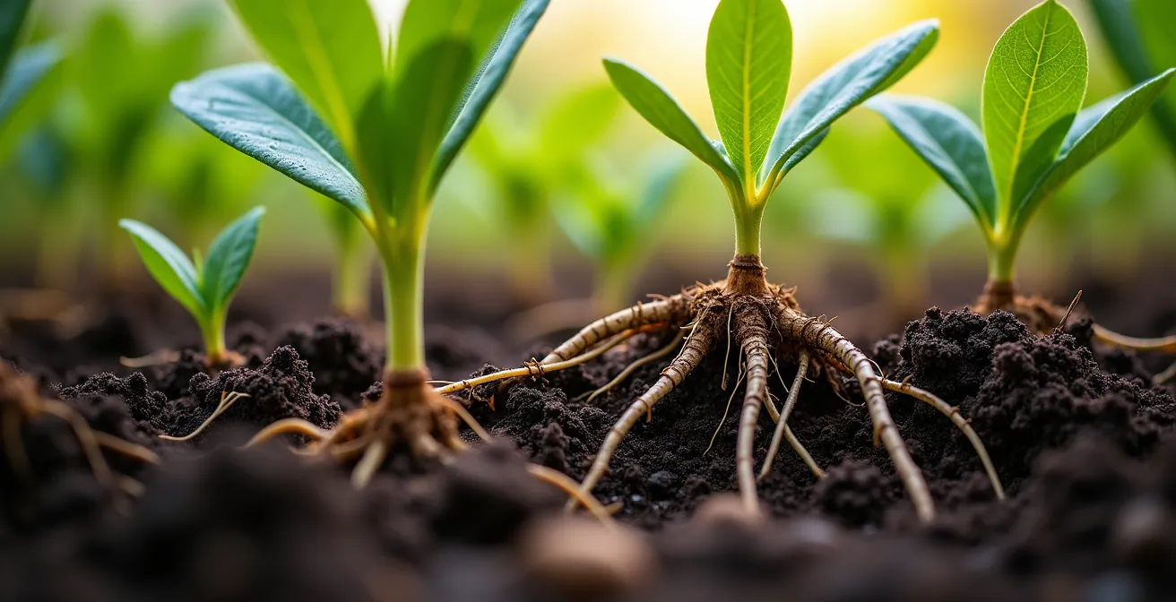 Detalle macro de cultivos de cobertura protegiendo el suelo con diversidad de plantas y microbiología visible
