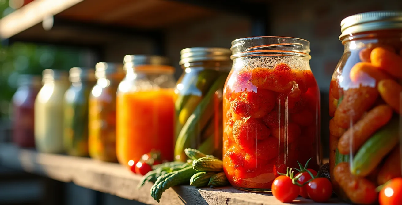 Despensa organizada con frascos de conservas caseras, verduras fermentadas y alimentos deshidratados