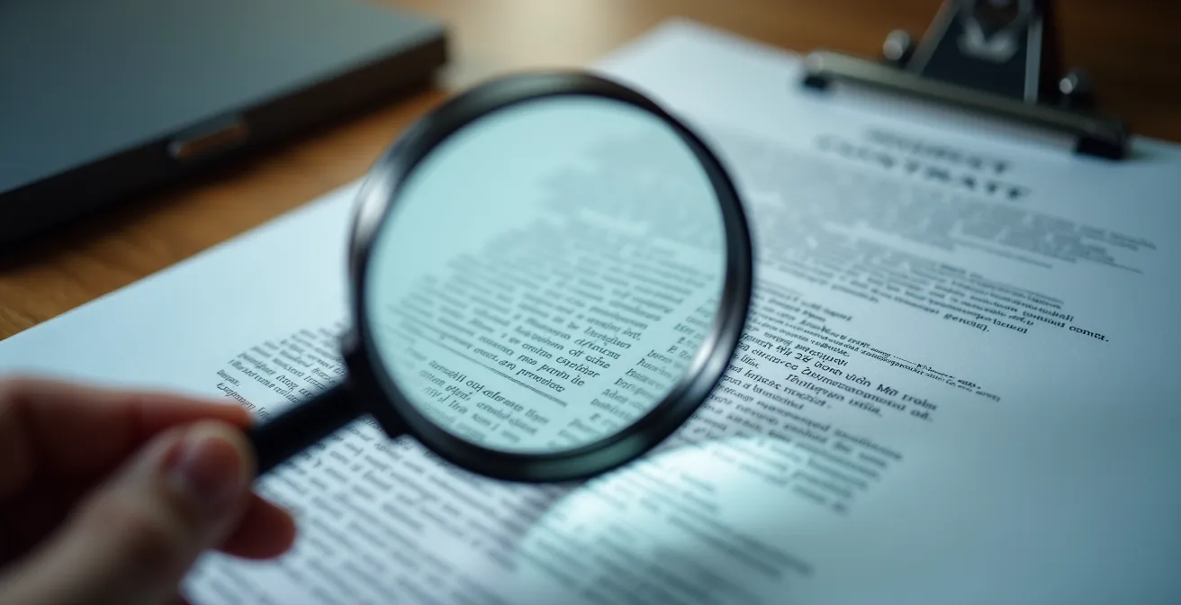 Mano con lupa examinando documento de préstamo para detectar cláusulas abusivas