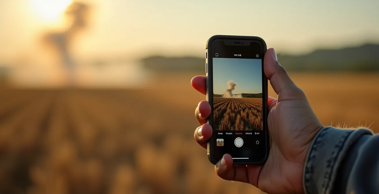 Mano sosteniendo móvil capturando humo de quema ilegal en campo agrícola con datos GPS en pantalla.