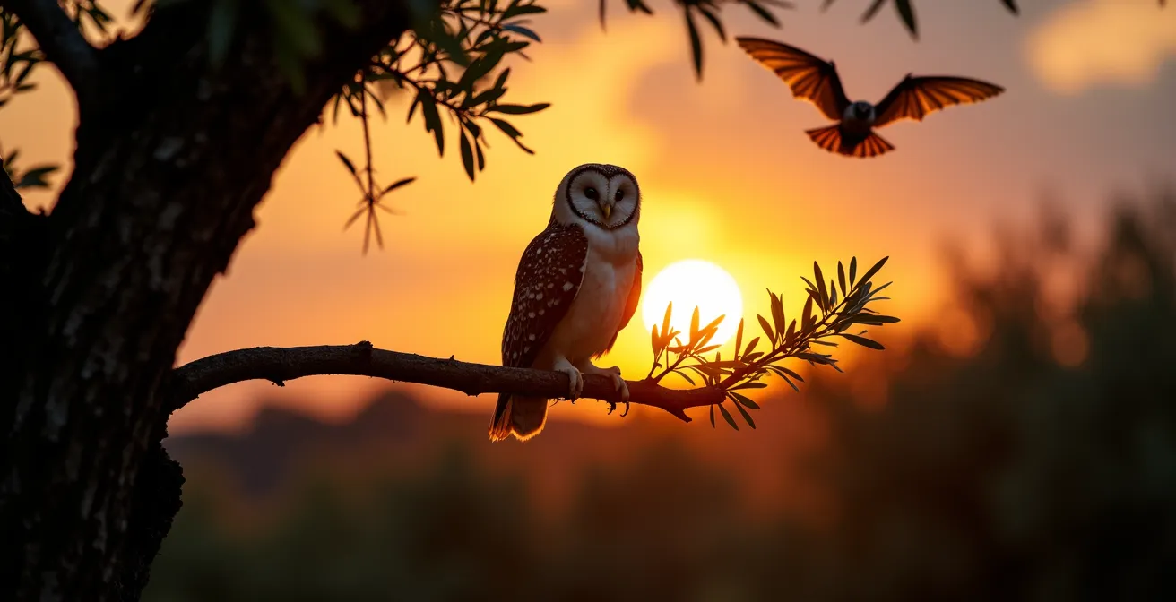 Murciélago y lechuza en olivar al atardecer, representando el control natural de plagas