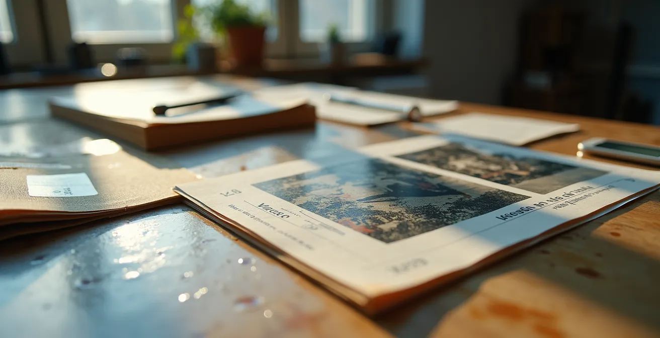 Mesa con documentos fotográficos y medidores de agua organizados para reclamación