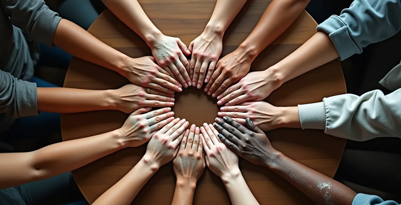 Grupo solidario de emprendedores en reunión de apoyo mutuo y planificación conjunta