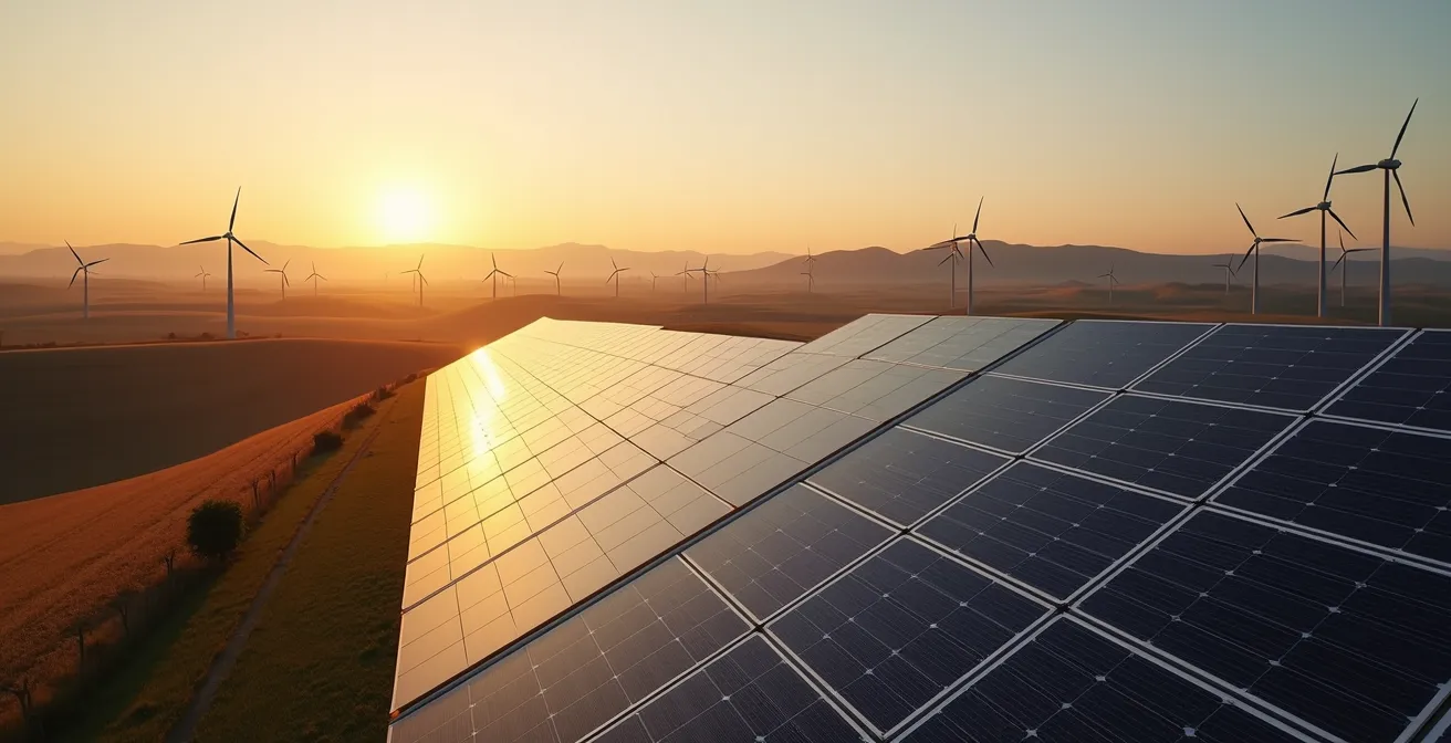 Vista aérea de proyecto de energía renovable integrado en comunidad rural