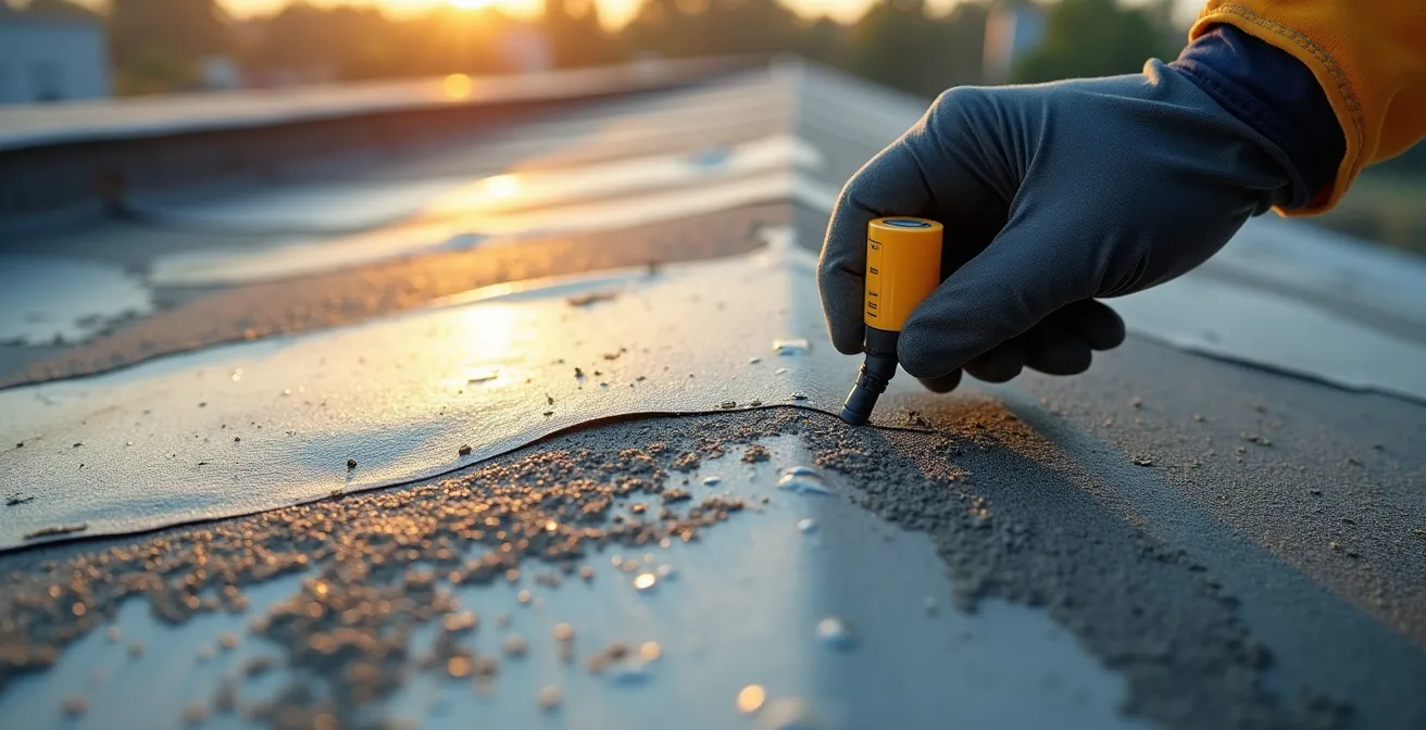 Técnico inspeccionando impermeabilización del tejado antes de instalar paneles solares