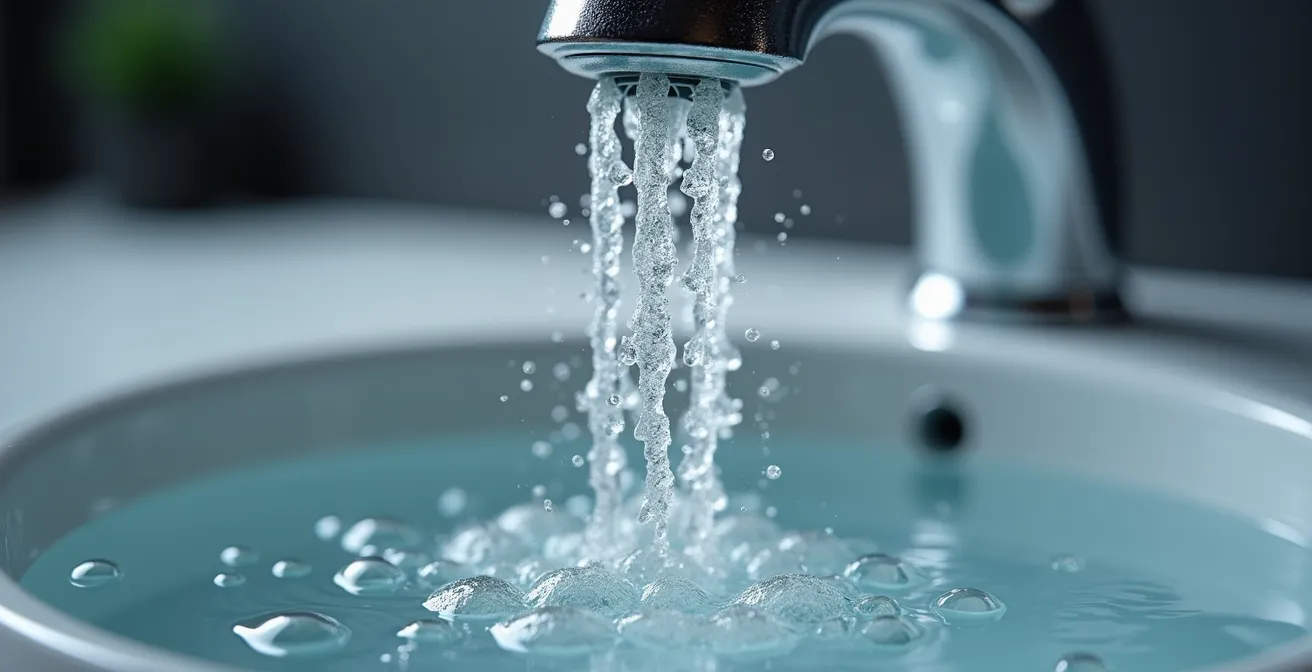 Detalle macro de un aireador de grifo con gotas de agua cristalinas mostrando el flujo optimizado