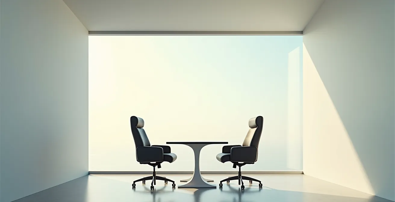 Plano amplio de una oficina minimalista con dos sillas de dirección frente a frente y gran espacio vacío, sugiriendo liderazgo compartido y conciliación.