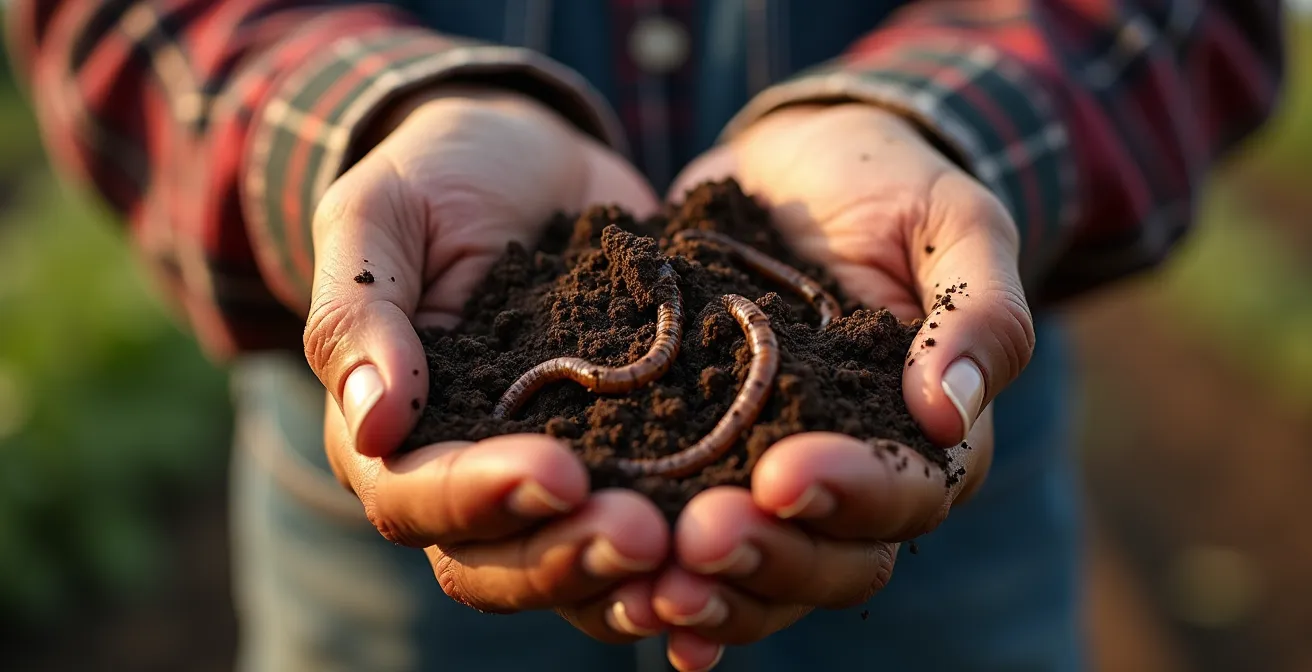 Manos de agricultor sosteniendo tierra rica y oscura con lombrices visibles, mostrando la salud del suelo ecológico