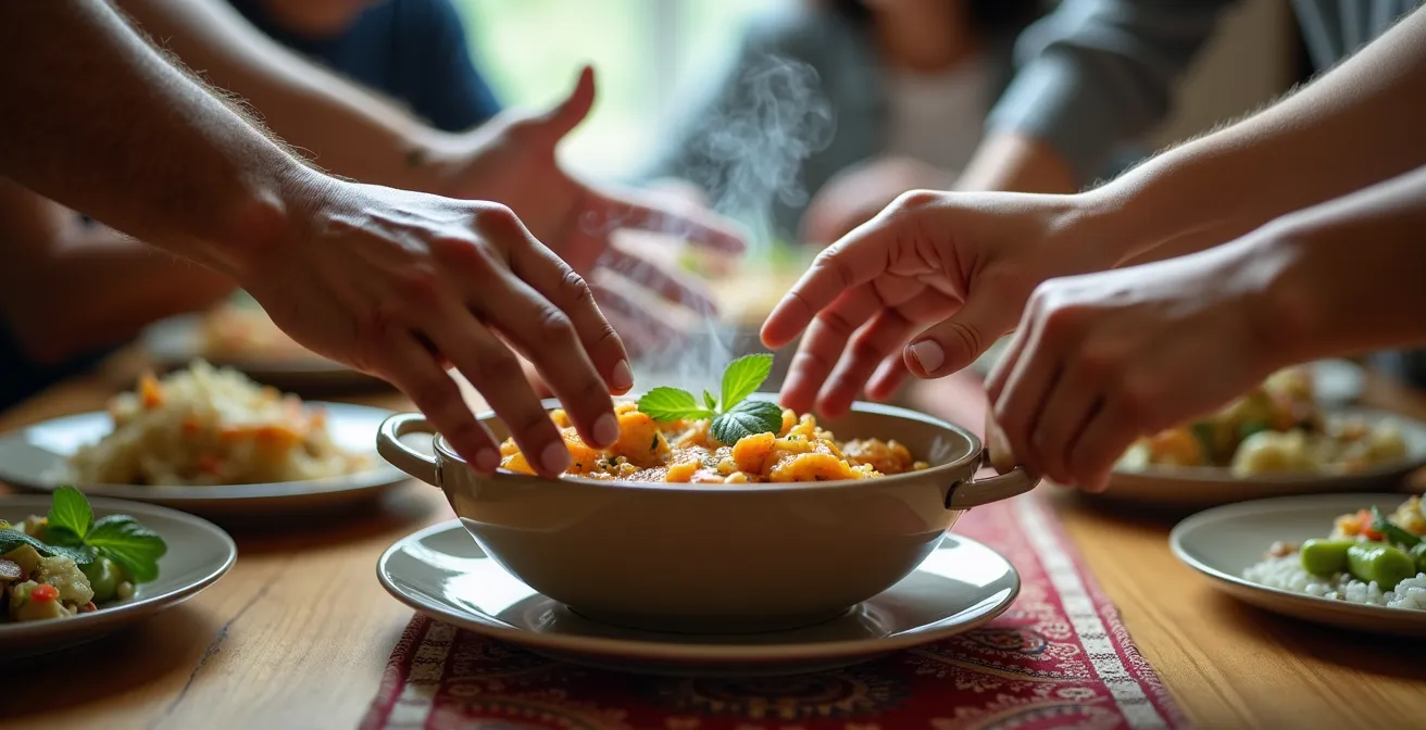 Manos de diferentes tonos de piel compartiendo un plato de comida tradicional en una mesa comunitaria