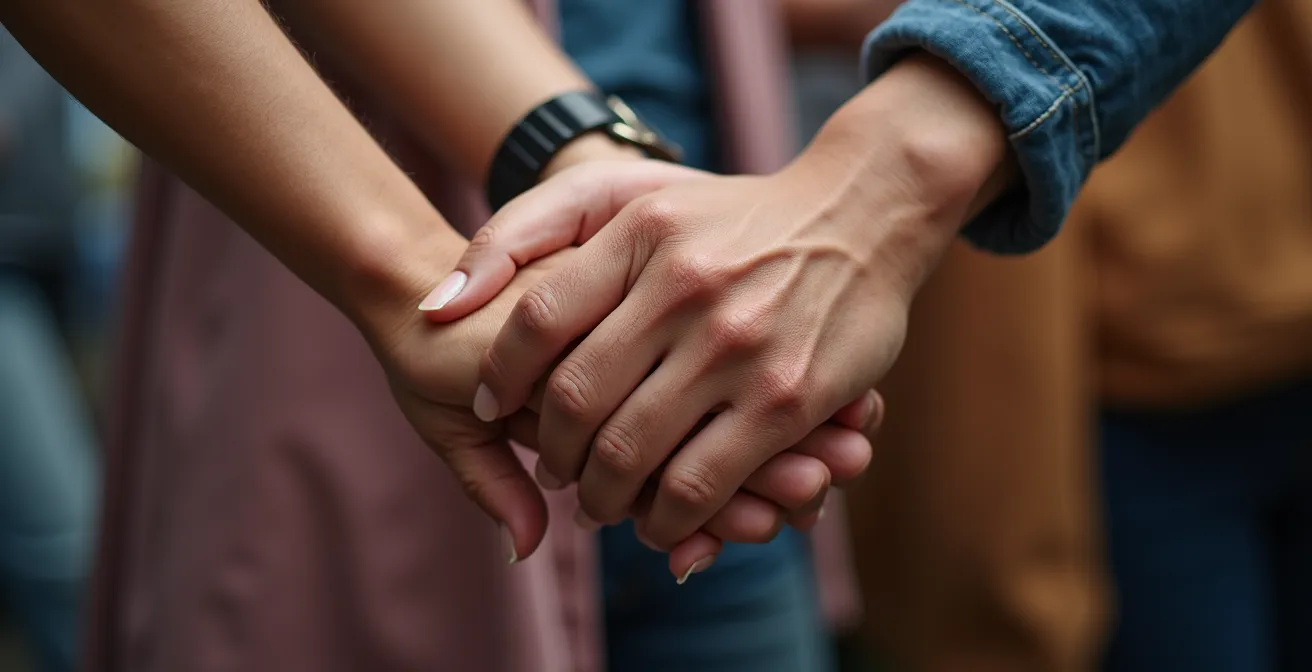 Primer plano de manos entrelazadas mostrando calma y resistencia no violenta durante una acción de protesta