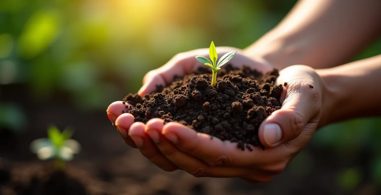 Manos sosteniendo tierra rica en compost con textura esponjosa y microorganismos visibles