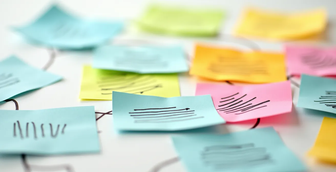 Vista aérea de mesa con post-its de colores organizados en patrón de mapa mental