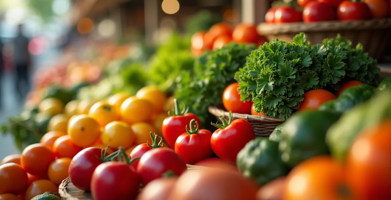 Mercado de barrio con vendedores locales ofreciendo productos frescos a vecinos diversos