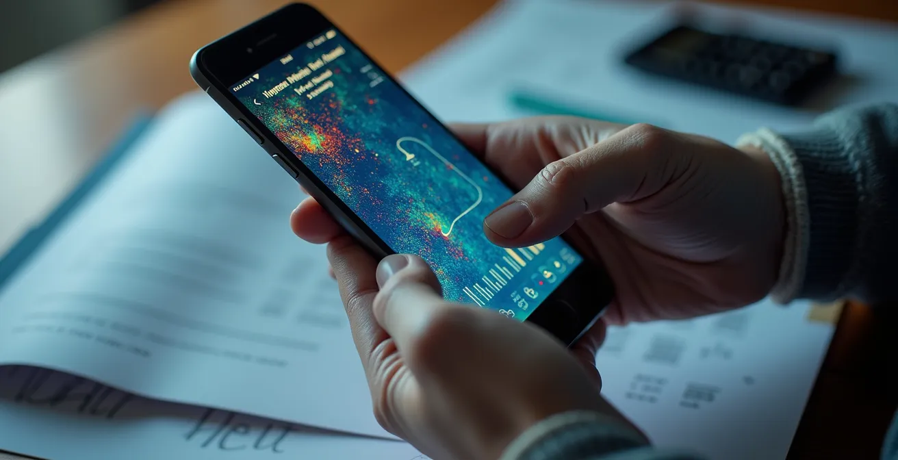 Manos sosteniendo smartphone con mapas y rutas de reparto visualizadas