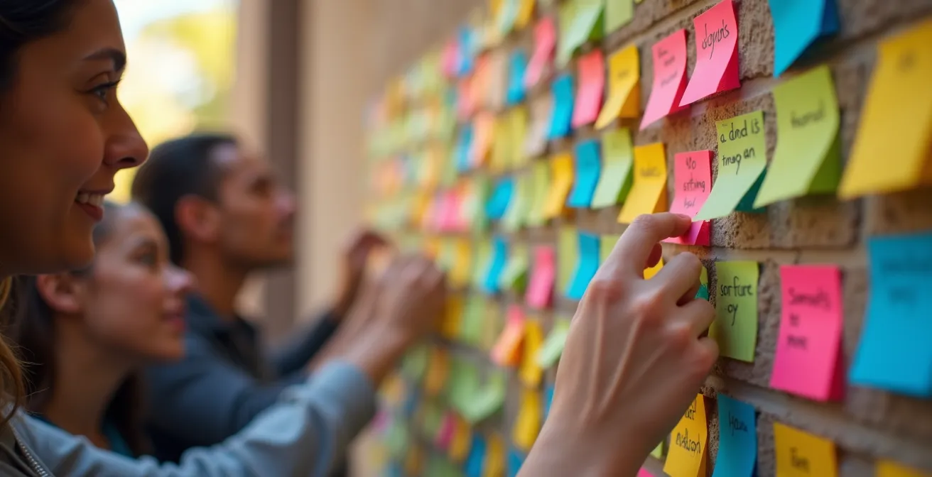 Muro de expresión comunitaria con post-its de colores donde vecinos escriben deseos para el barrio