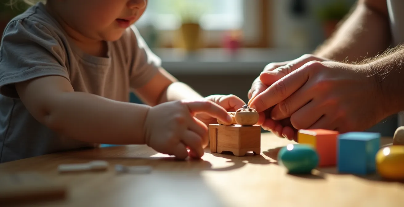 Manos de niño y adulto trabajando juntos reparando un juguete de madera en un taller casero