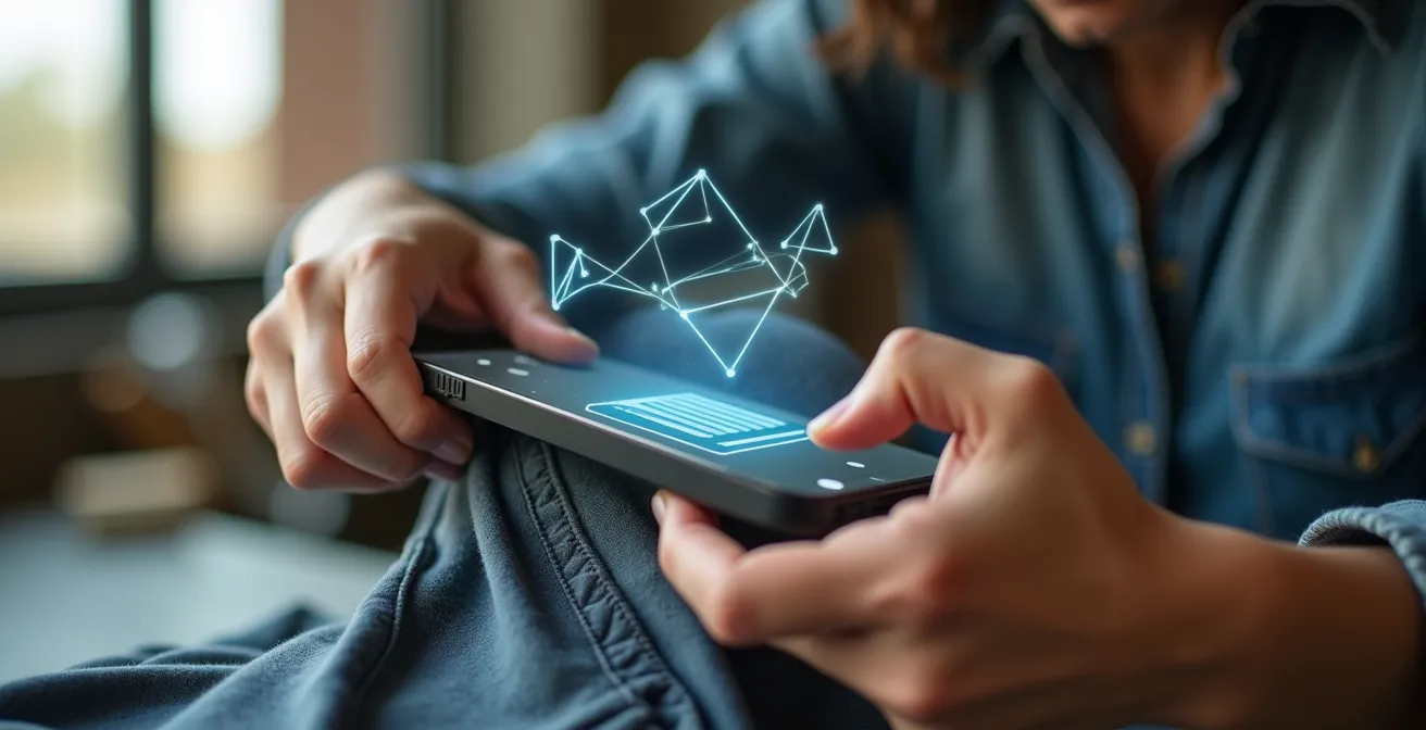 Manos sosteniendo una prenda con una etiqueta geométrica mientras un dispositivo móvil muestra una cadena de bloques translúcida flotante.