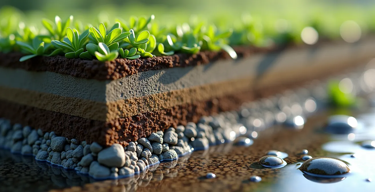 Sección transversal de pavimento permeable biomimético con estructura multicapa que muestra las capas de filtración.