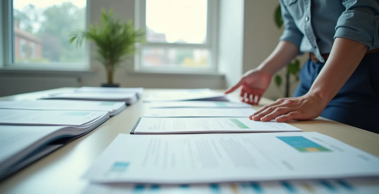 Persona organizando meticulosamente documentos legales en carpetas etiquetadas para solicitud